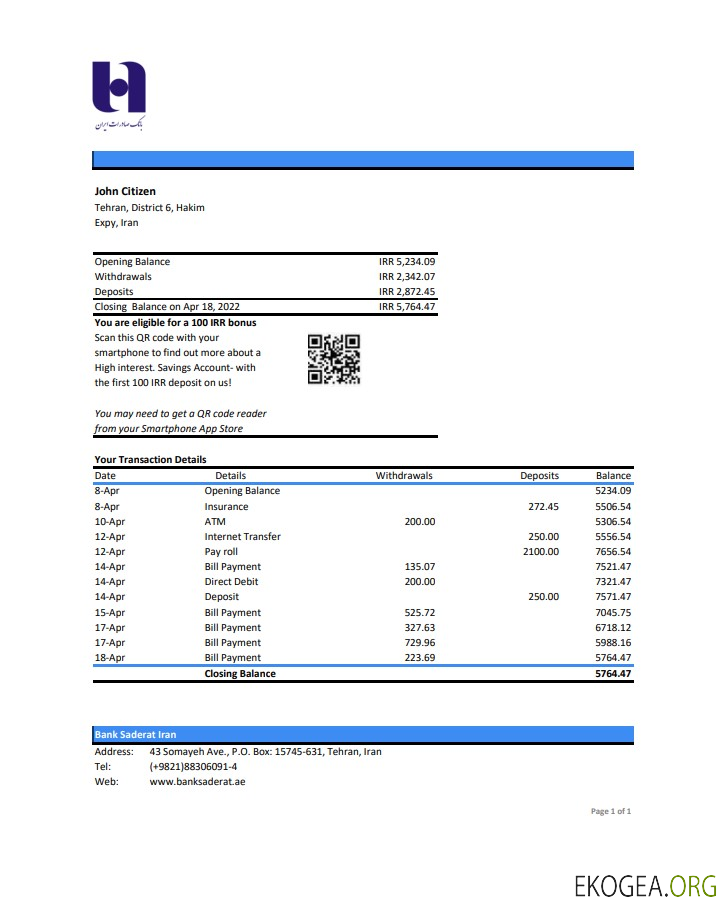 Iran Bank Sederat Iran déclaration xls